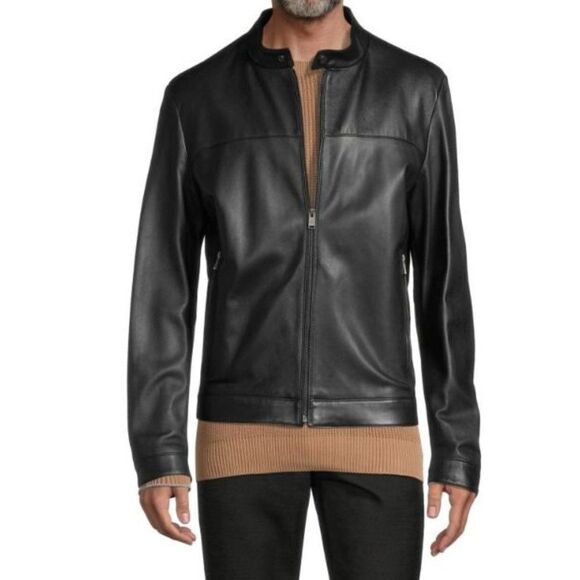 Hugo Boss Mens Black Leather Nardi Biker Jacket Coat Regular Fit US 38R NWT - Picture 1 of 8